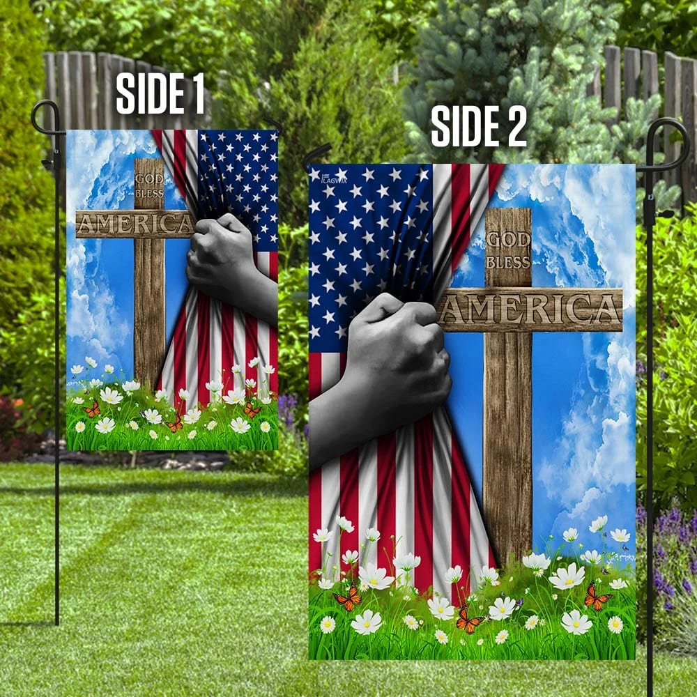 God Bless America Christian Cross US Flag - Outdoor Christian House Flag - Christian Garden Flags