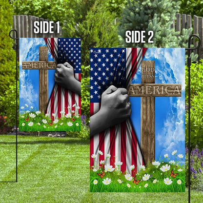 God Bless America Christian Cross US Flag - Outdoor Christian House Flag - Christian Garden Flags