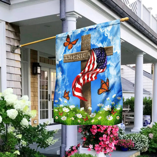 God Bless America Christian Cross US House Flags - Christian Garden Flags - Outdoor Christian Flag