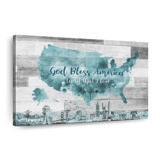 God Bless America Map Canvas Wall Art - Christian Canvas Wall Art - Religious Wall Art Canvas