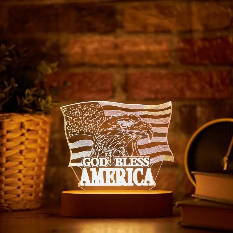 God Bless America! Patriotic Night Light for Gifts for Him - 3D Led Lamp for Valentine's Day Gifts - Led Lights Table Lamp Anniversary Gifts for Her