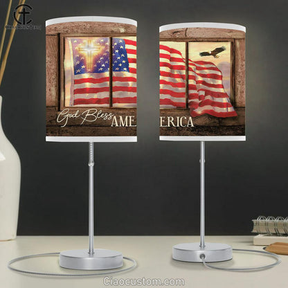 God Bless America Us Flag Cross Table Lamp Prints - Religious Table Lamp Art - Christian Home Decor