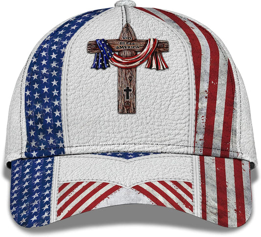 God Bless American Flag On Cross All Over Print Baseball Cap - Christian Hats For Men Women