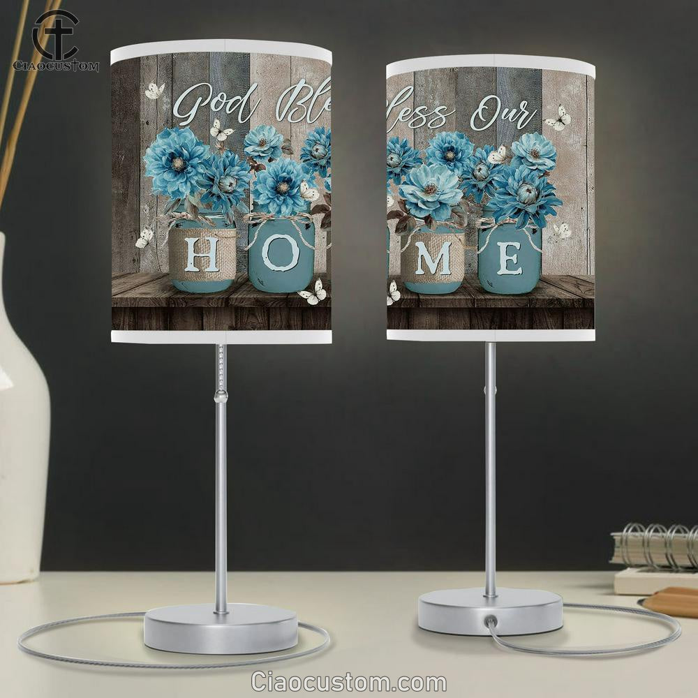 God Bless Our Home Blue Flower White Butterfly Mason Jars Table Lamp For Bedroom - Bible Verse Table Lamp - Religious Room Decor