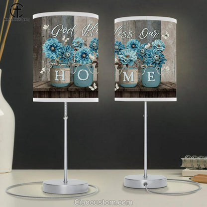 God Bless Our Home Blue Flower White Butterfly Mason Jars Table Lamp For Bedroom - Bible Verse Table Lamp - Religious Room Decor