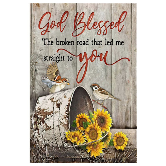 God Blessed The Broken Road Bird & Sunflower Canvas Wall Art - Christian Canvas Prints - Bible Verse Canvas