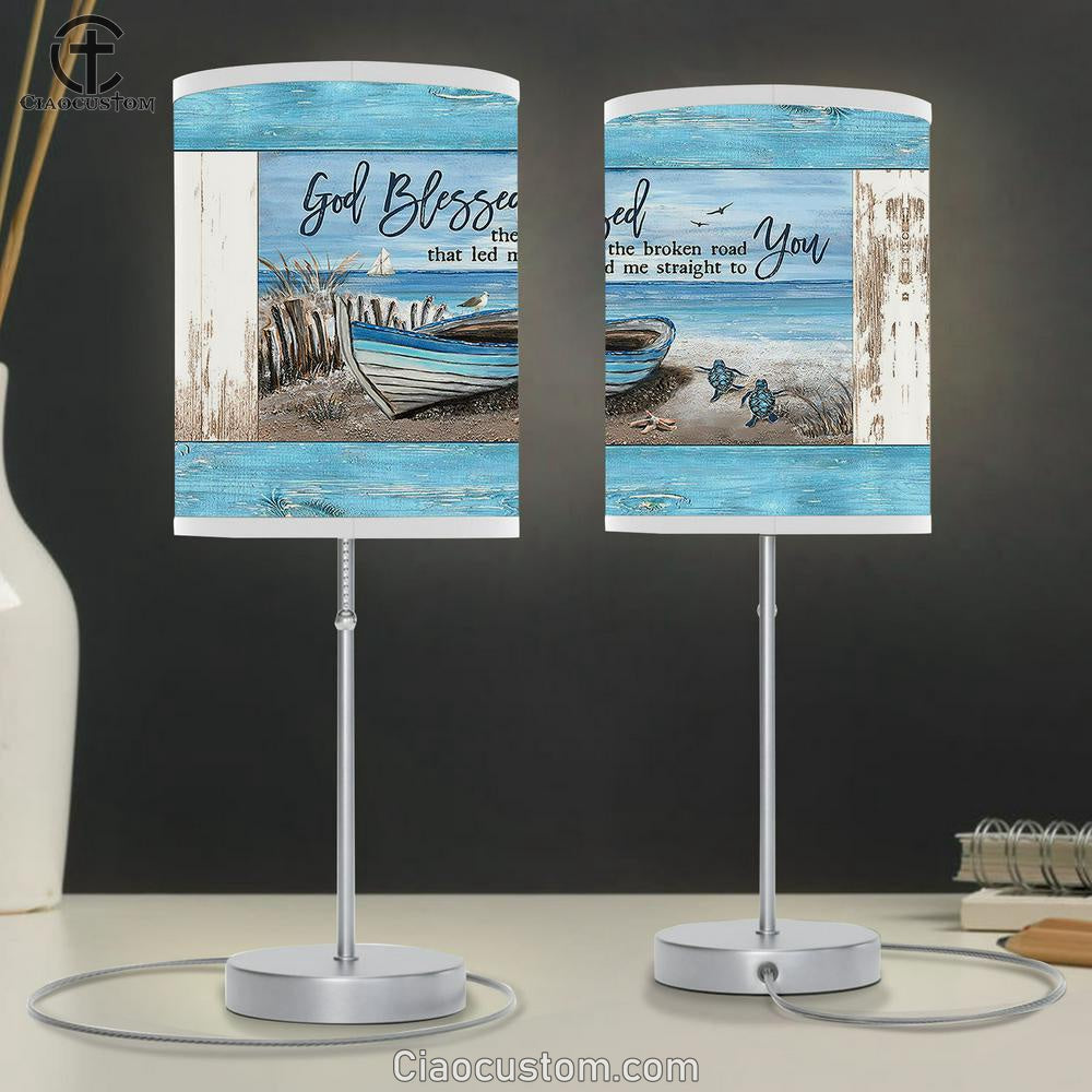 God Blessed The Broken Road Blue Wooden Boat Sea Turtle Table Lamp For Bedroom - Bible Verse Table Lamp - Religious Room Decor