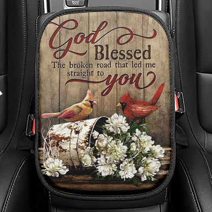 God Blessed The Broken Road Lovely Cardinal Seat Box Cover, Bible Verse Car Center Console Cover, Christian Inspirational Car Interior Accessories