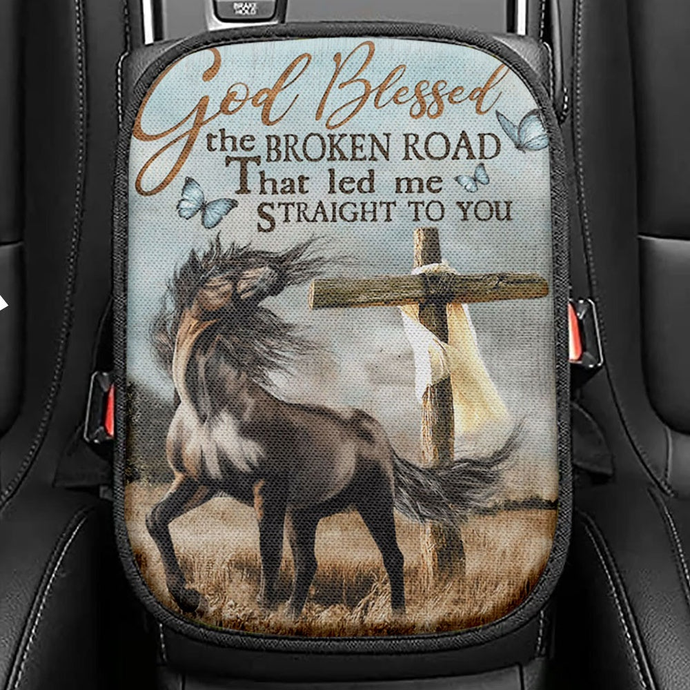 God Blessed The Broken Road That Led Me Straight To You Seat Box Cover, Horse Cross Butterflies Car Center Console Cover, Christian Car Armrest Cover