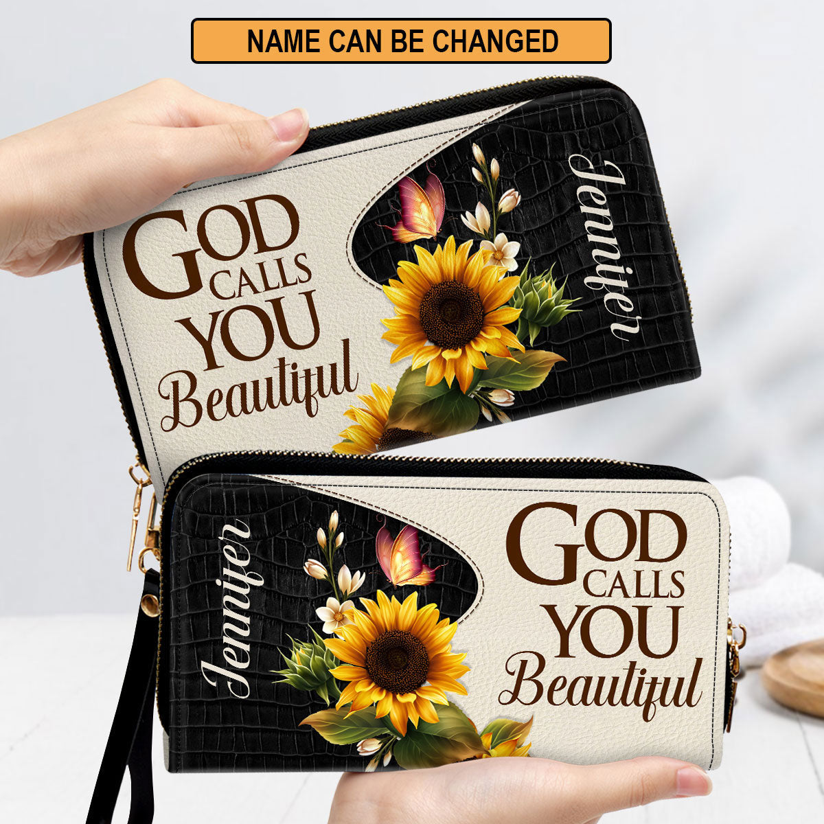 God Calls You Beautiful Christ Gifts For Women Of God Sunflower & Butterfly Clutch Purse For Women - Personalized Name - Christian Gifts For Women
