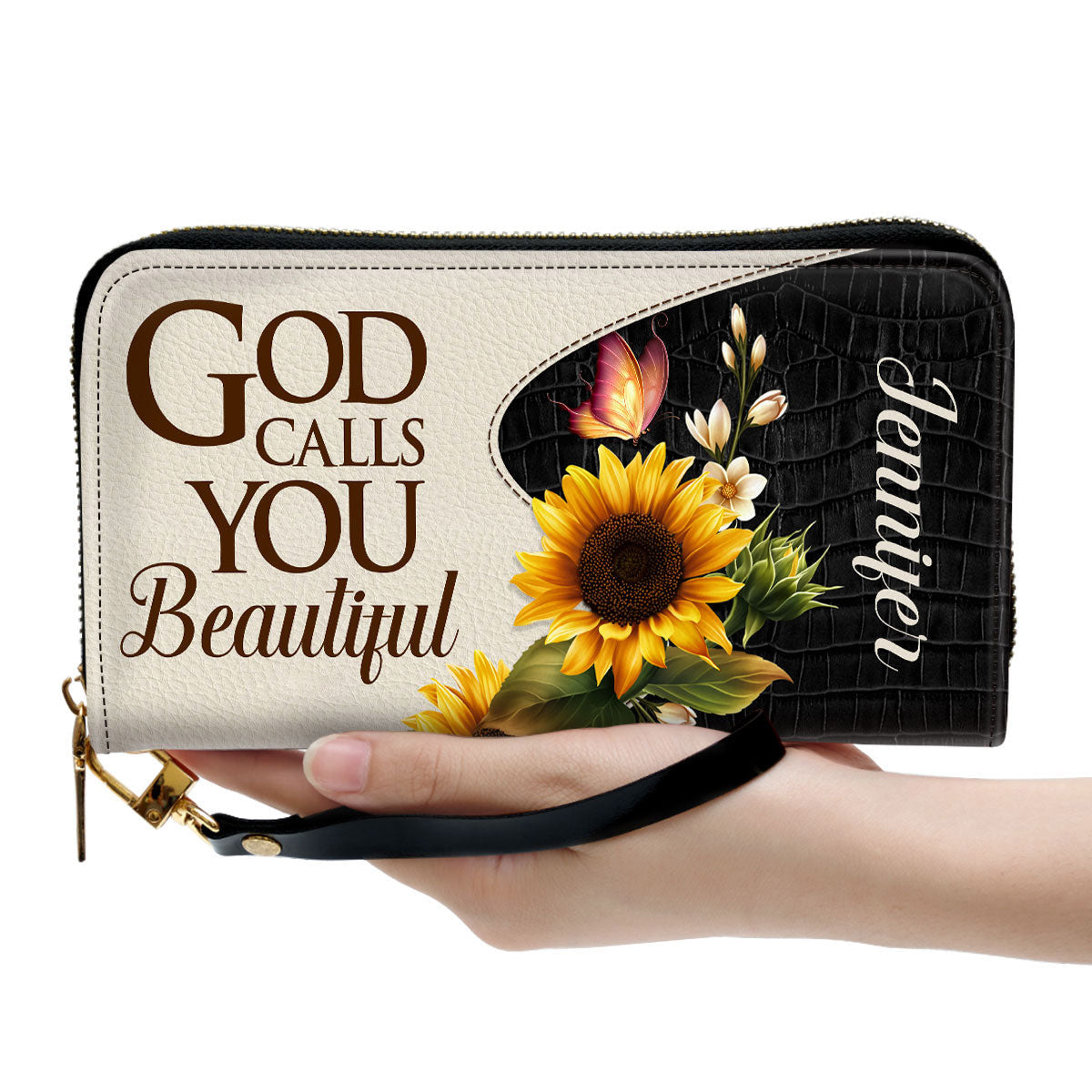 God Calls You Beautiful Christ Gifts For Women Of God Sunflower & Butterfly Clutch Purse For Women - Personalized Name - Christian Gifts For Women