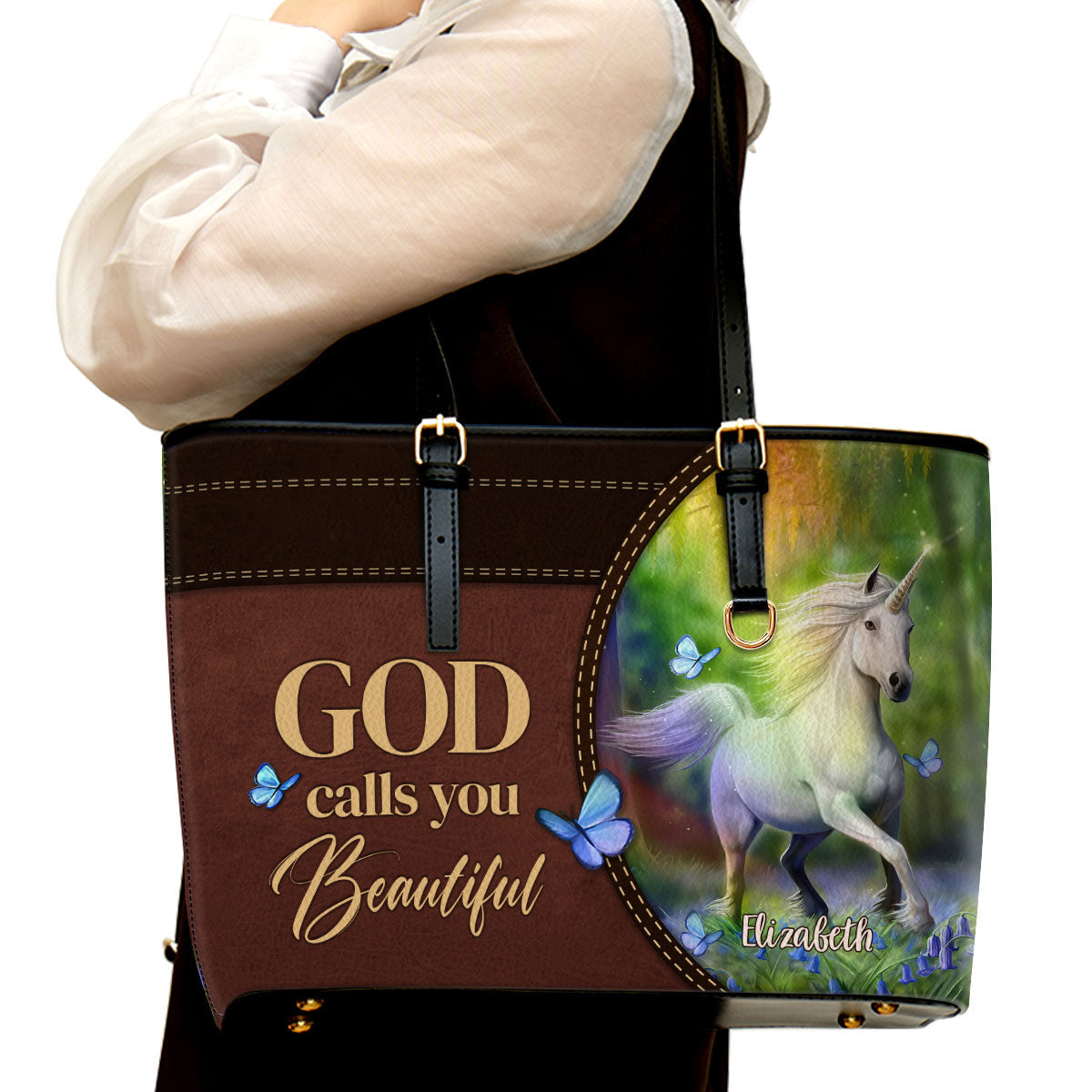 God Calls You Beautiful Horse Personalized Large Leather Tote Bag - Christian Gifts For Women