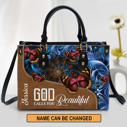 God Calls You Beautiful Leather Bag - Custom Name Butterfly Leather Handbag - Christian Gifts For Women