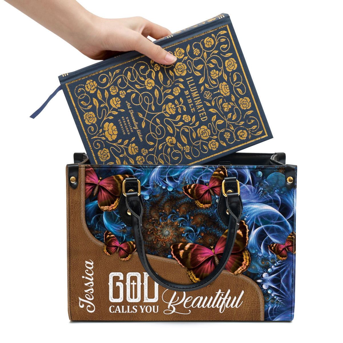 God Calls You Beautiful Leather Bag - Custom Name Butterfly Leather Handbag - Christian Gifts For Women