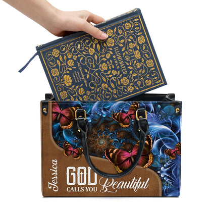 God Calls You Beautiful Leather Bag - Custom Name Butterfly Leather Handbag - Christian Gifts For Women