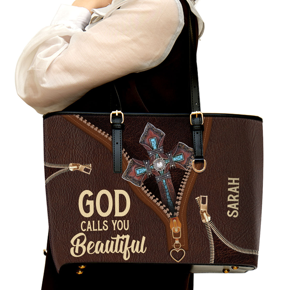 God Calls You Beautiful Lovely Personalized Large Leather Tote Bag - Christian Gifts For Women
