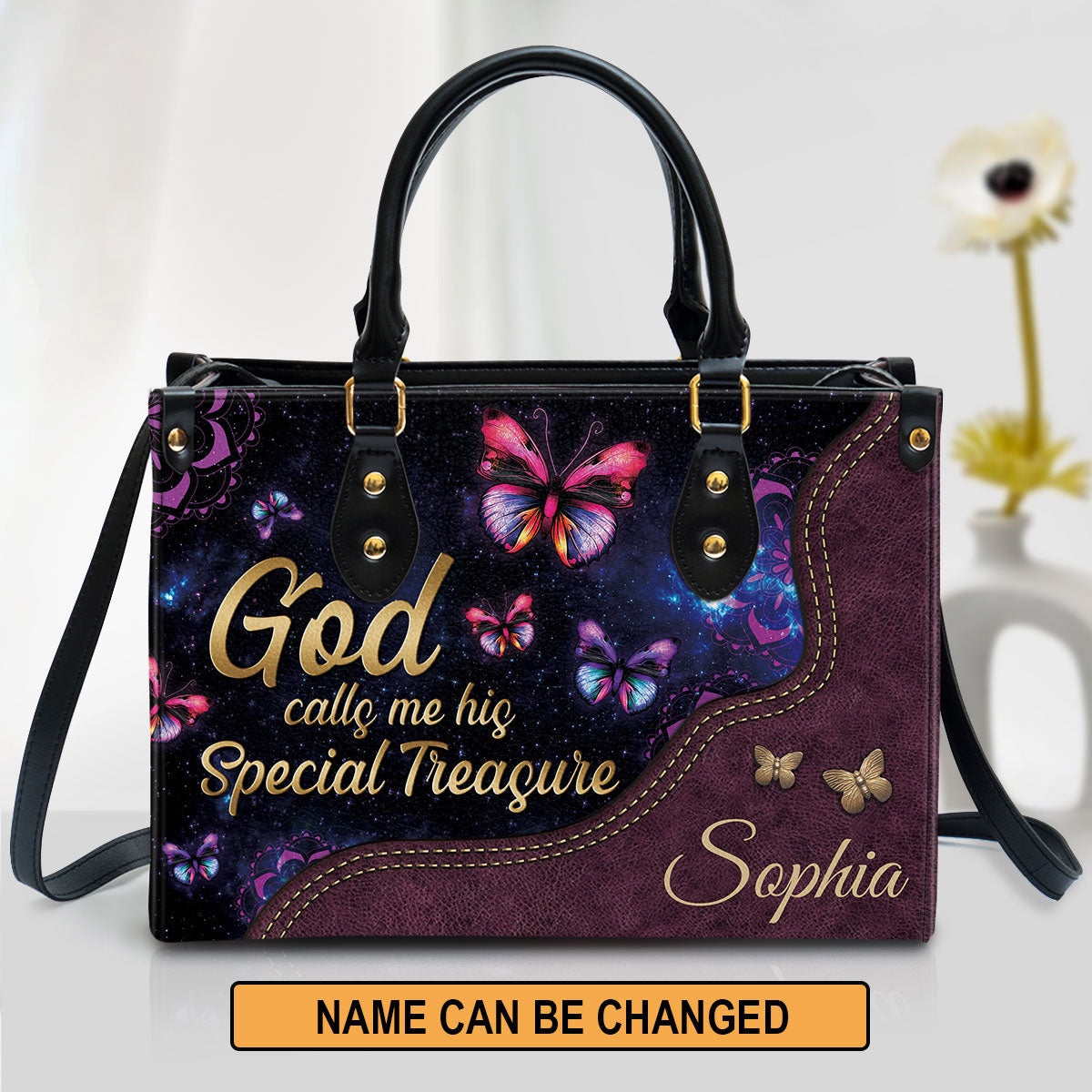 God Calls You His Treasure Leather Bag - Custom Name Butterfly Leather Handbag - Christian Gifts For Women