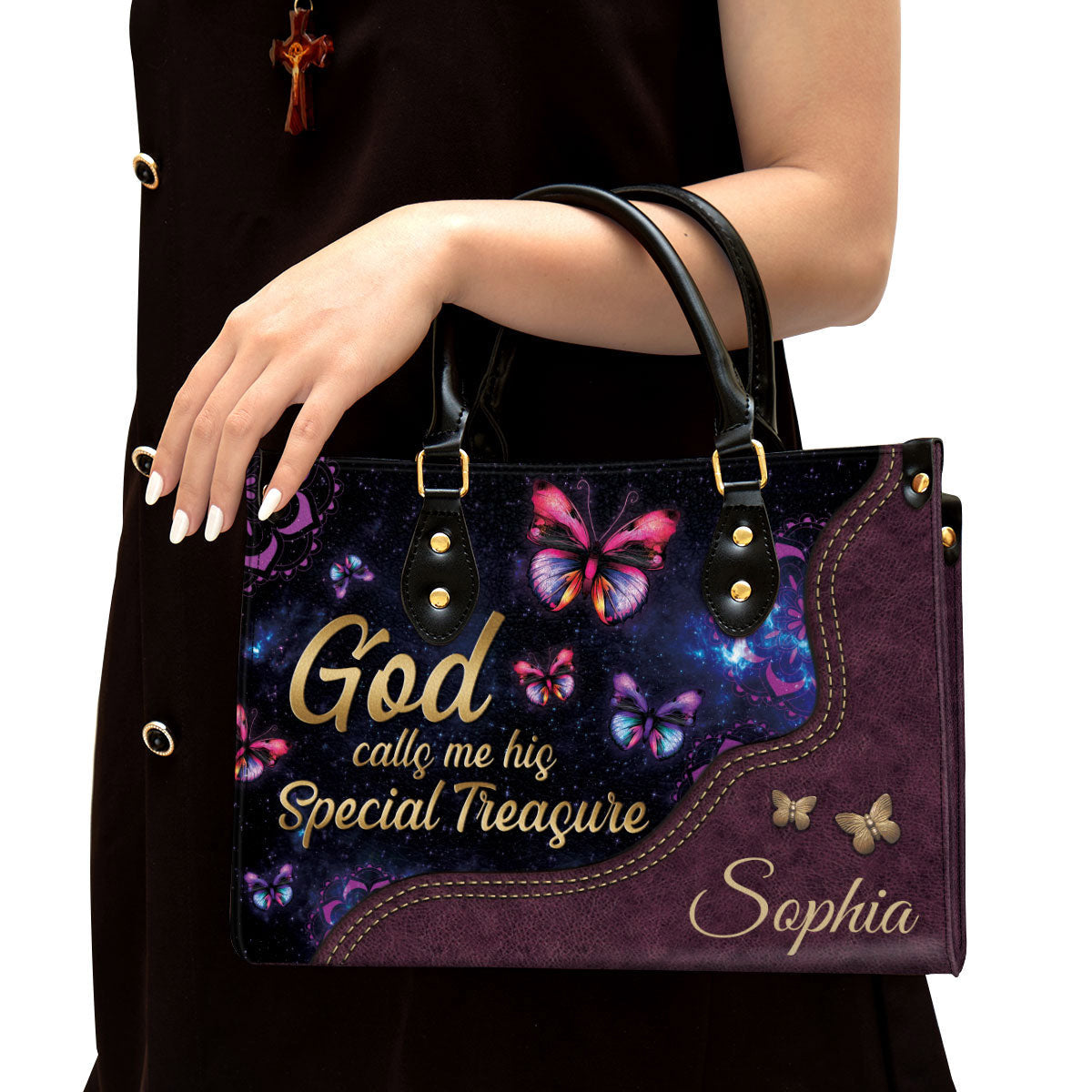 God Calls You His Treasure Leather Bag - Custom Name Butterfly Leather Handbag - Christian Gifts For Women