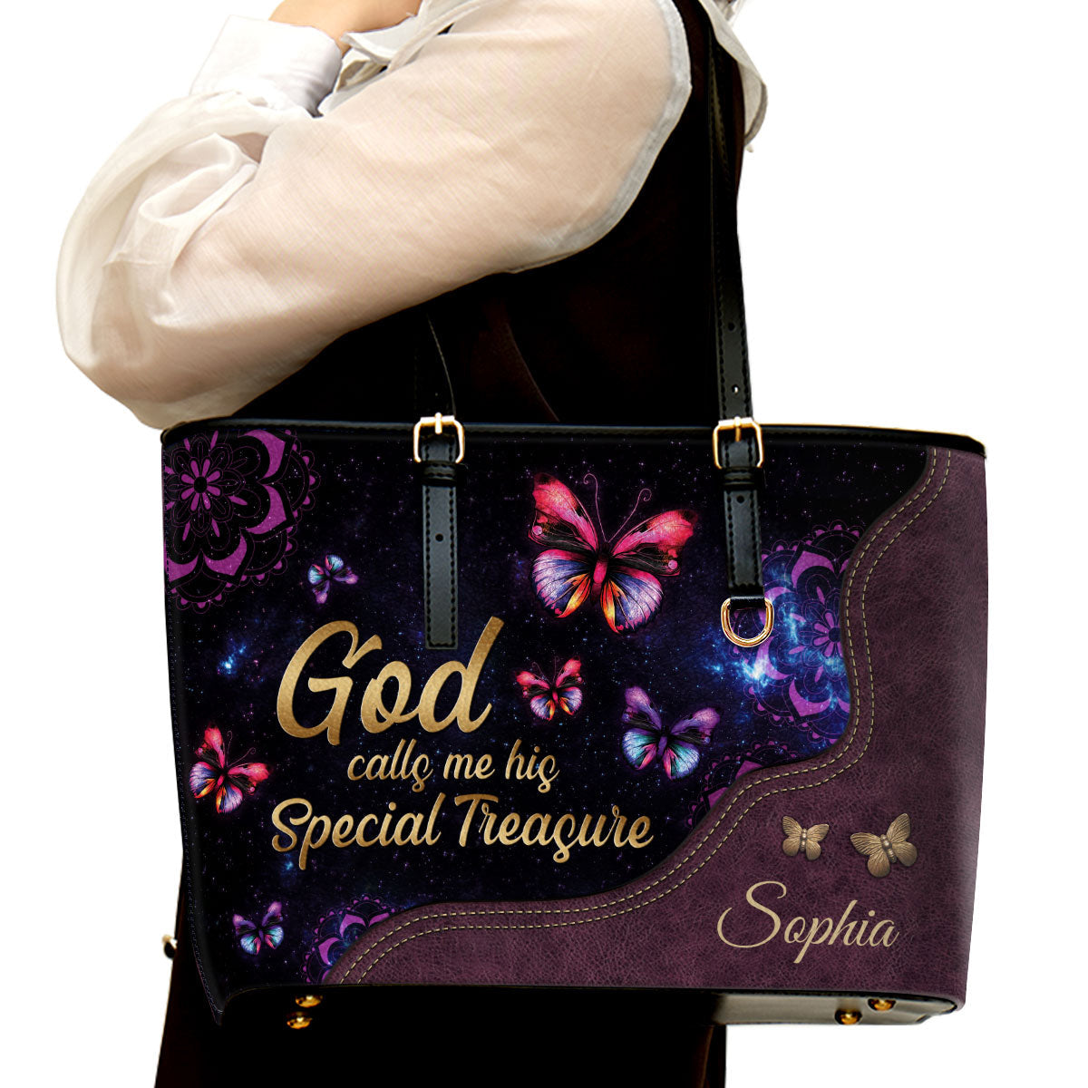 God Calls You His Treasure Personalized Large Leather Tote Bag - Christian Gifts For Women