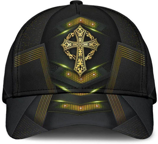 God Cross Metal Gold All Over Print Baseball Cap - Christian Hats For Men Women