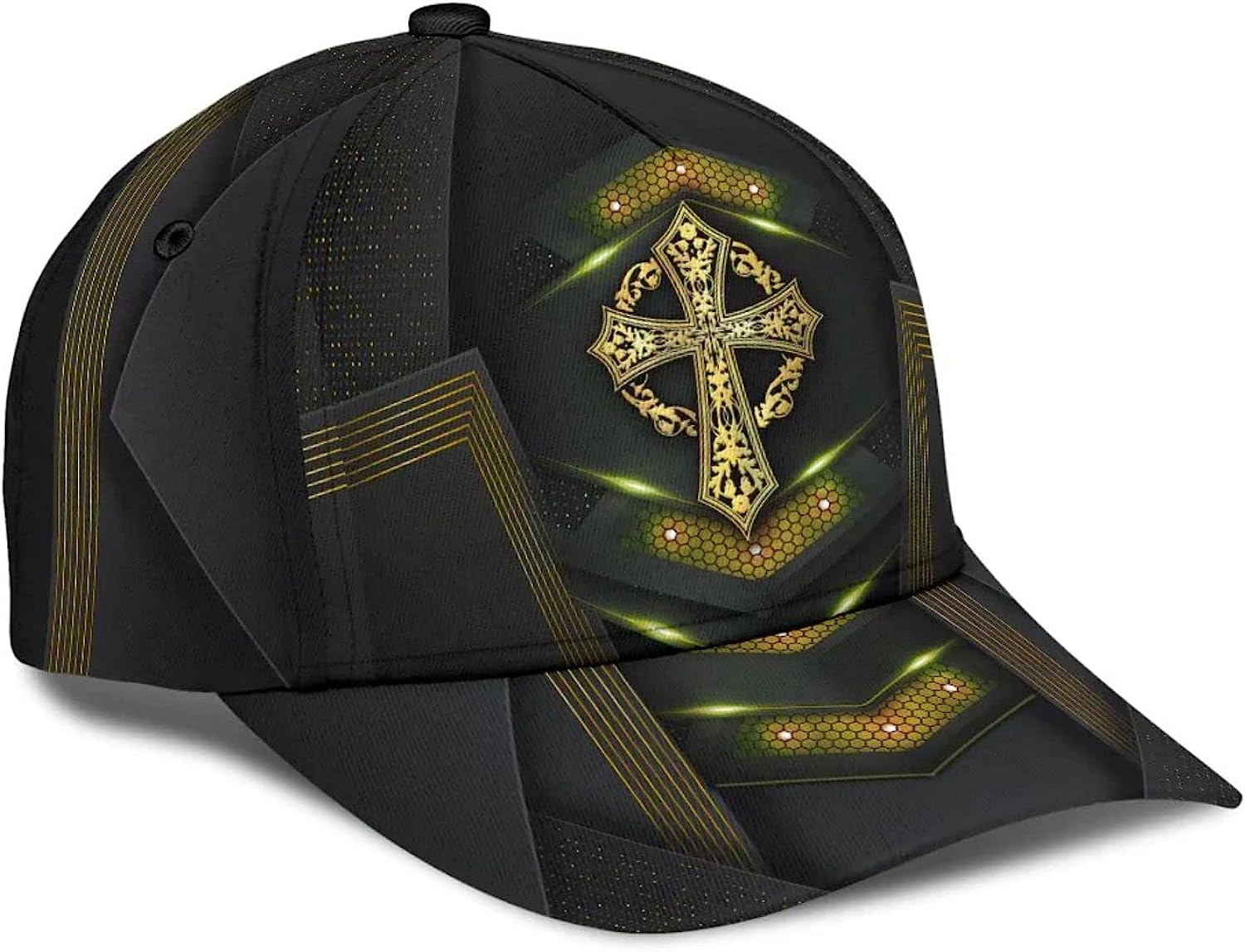 God Cross Metal Gold All Over Print Baseball Cap - Christian Hats For Men Women
