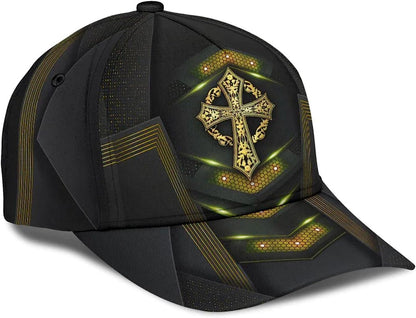 God Cross Metal Gold All Over Print Baseball Cap - Christian Hats For Men Women