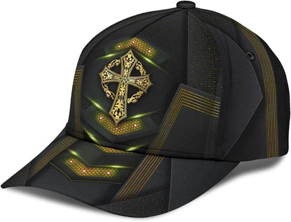 God Cross Metal Gold All Over Print Baseball Cap - Christian Hats For Men Women