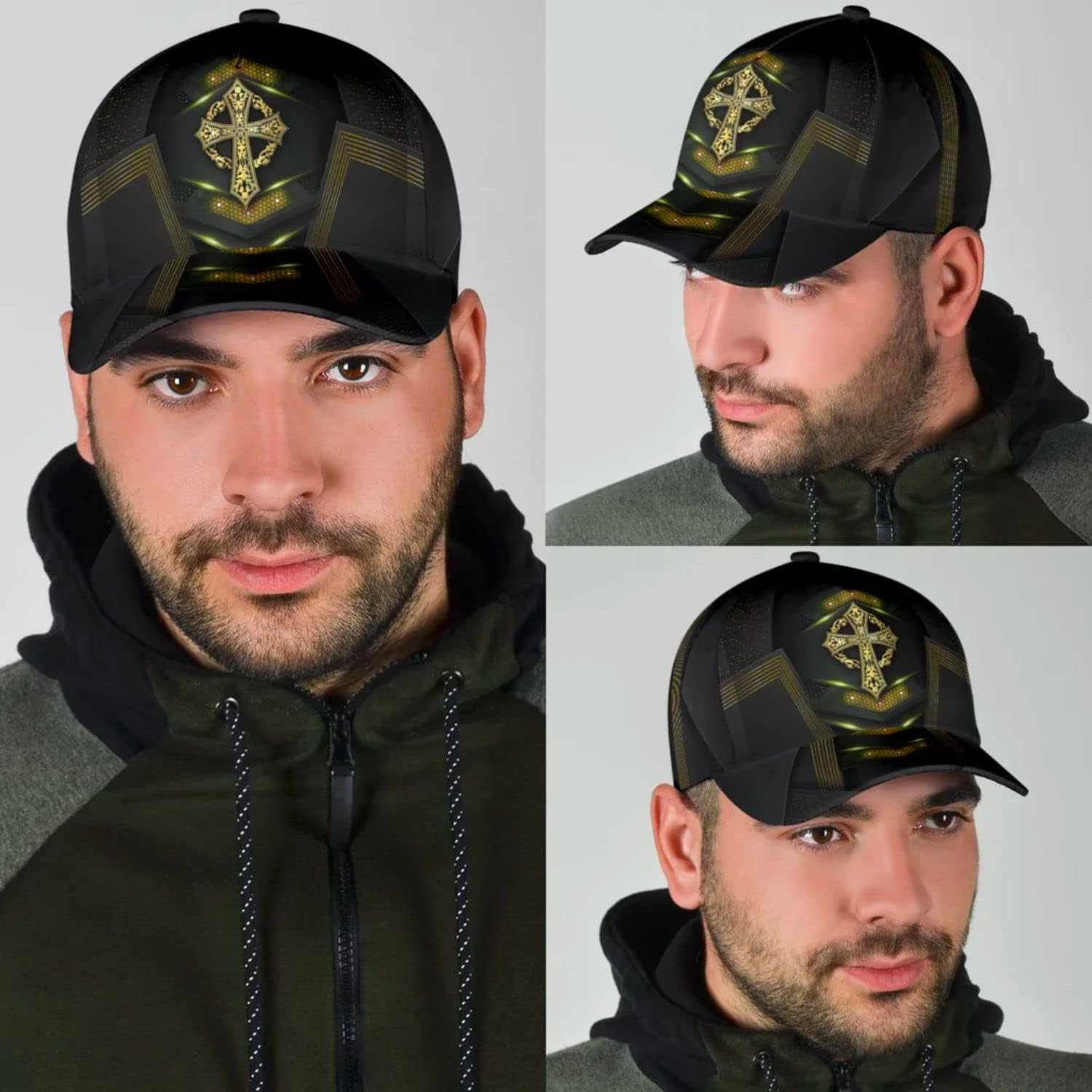 God Cross Metal Gold All Over Print Baseball Cap - Christian Hats For Men Women
