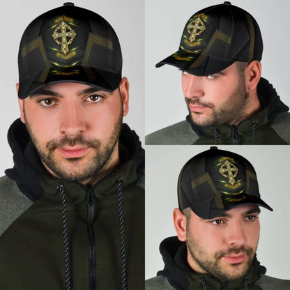 God Cross Metal Gold All Over Print Baseball Cap - Christian Hats For Men Women