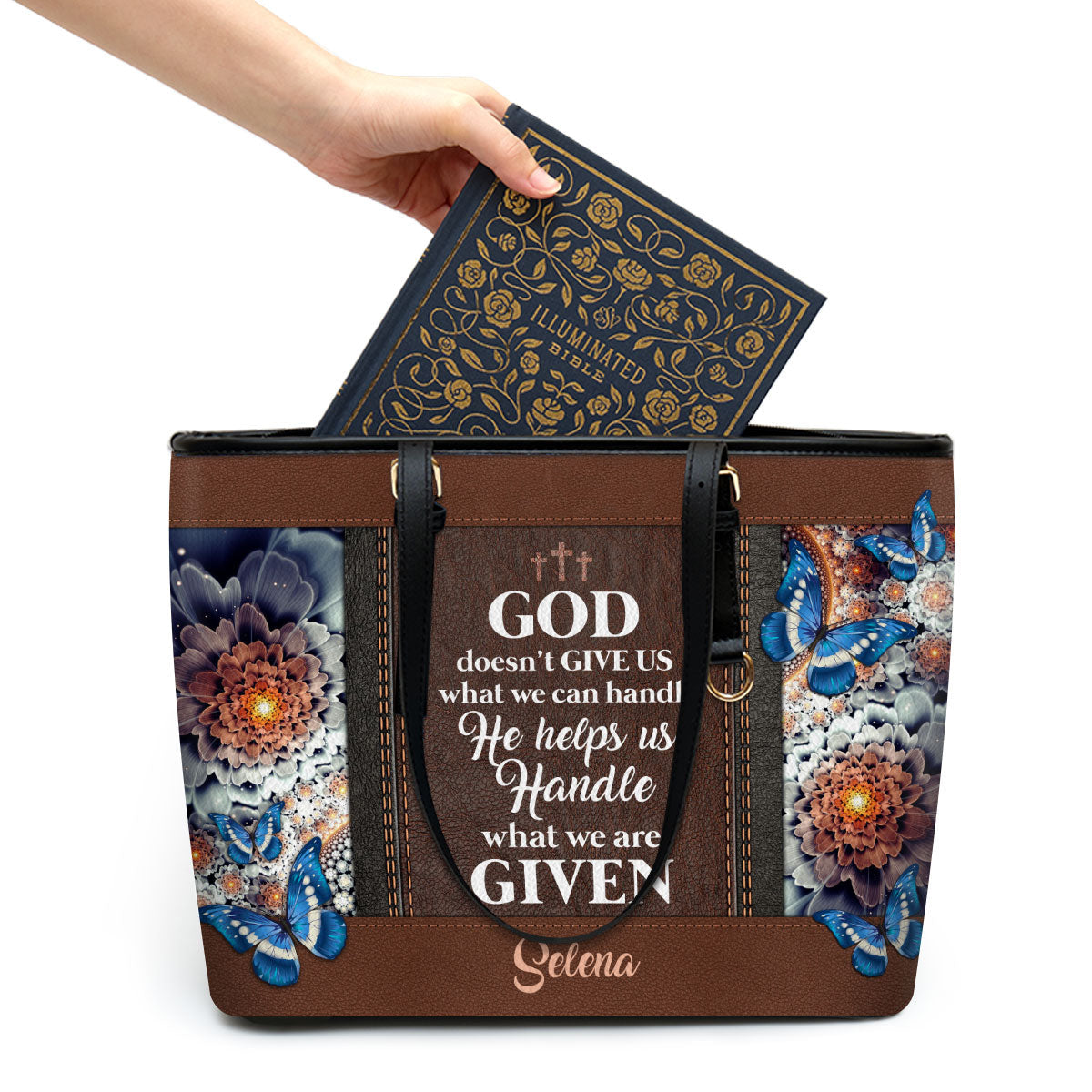 God Doesn‘t Give Us What We Can Personalized Rose Large Leather Tote Bag - Christian Gifts For Women
