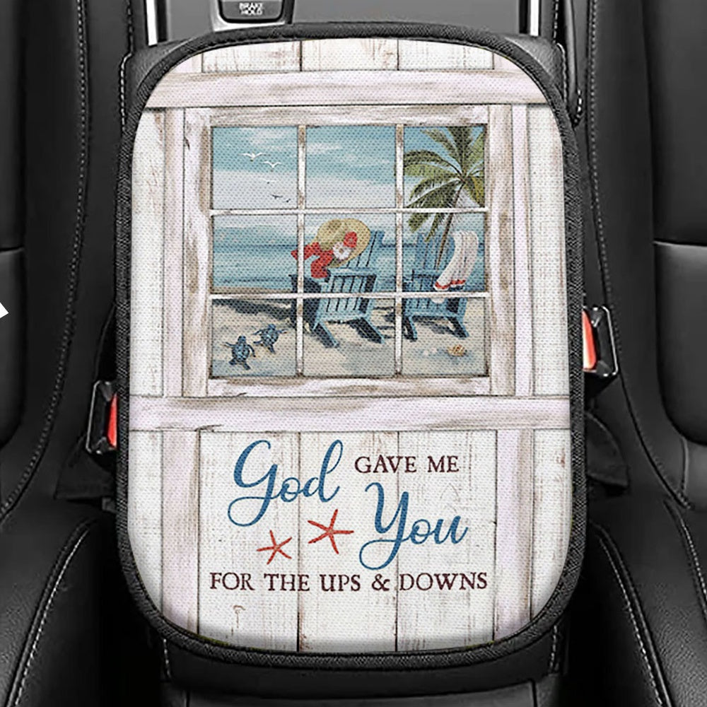 God Gave Me You Beach Turtle Seat Box Cover, Christian Car Center Console Cover, Bible Verse Car Interior Accessories