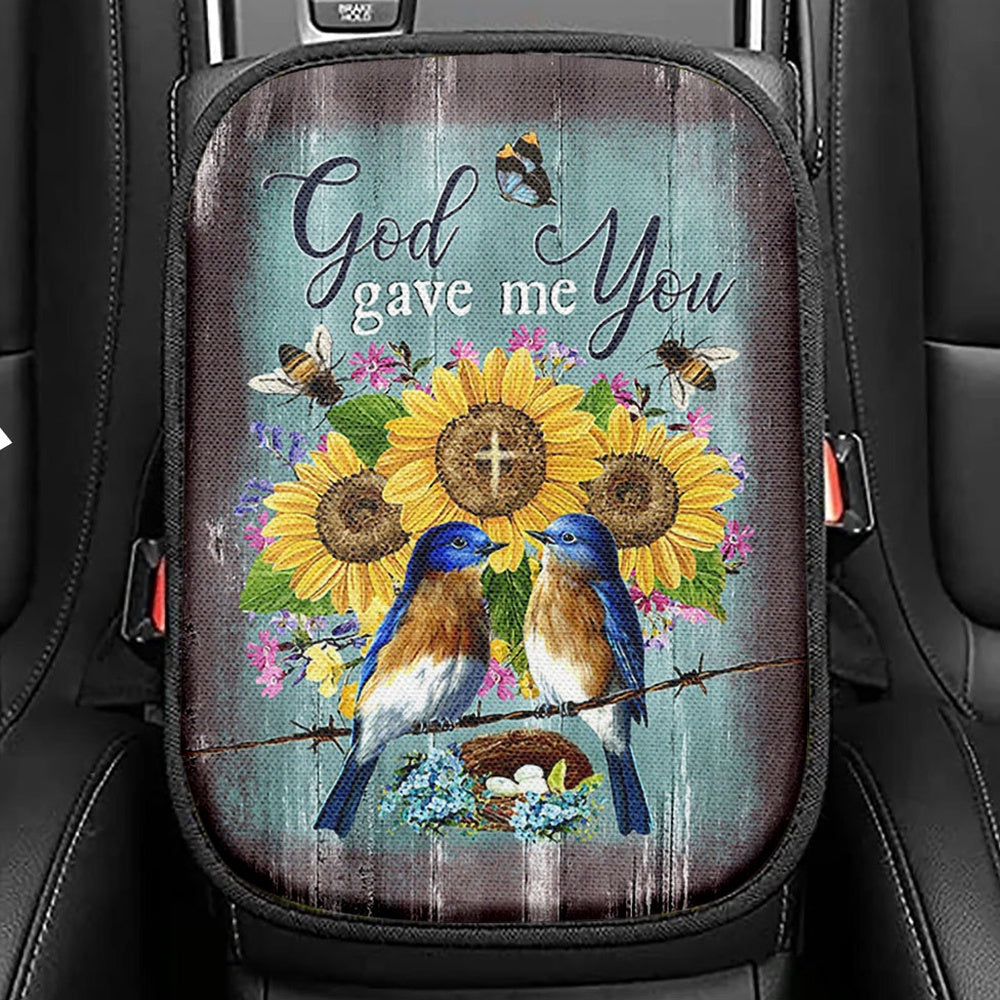 God Gave Me You Bird Nest Sunflower Butterfly Seat Box Cover, Bible Verse Car Center Console Cover, Christian Inspirational Car Interior Accessories