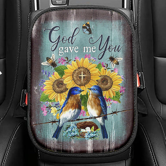 God Gave Me You Bird Nest Sunflower Butterfly Seat Box Cover, Bible Verse Car Center Console Cover, Christian Inspirational Car Interior Accessories
