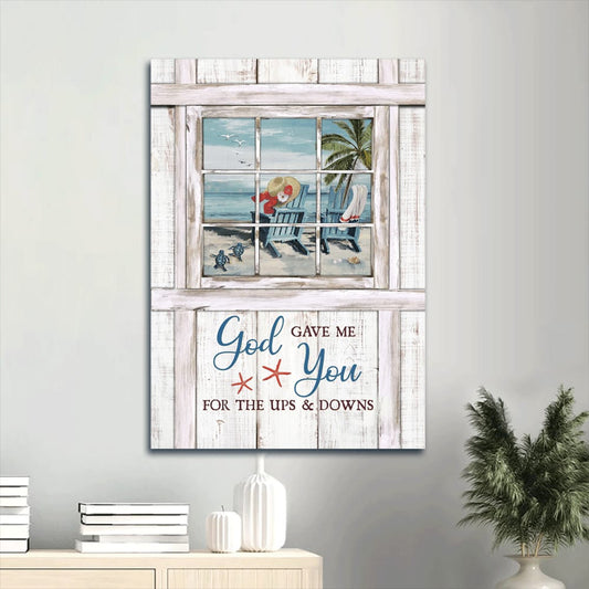 God Gave Me You For Up And Down Canvas Wall Art - Beach Painting Turtle Couple Canvas Prints
