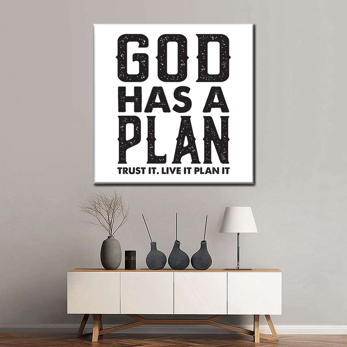 God Has A Plan Typography Square Canvas Wall Art - Christian Wall Decor - Christian Wall Hanging