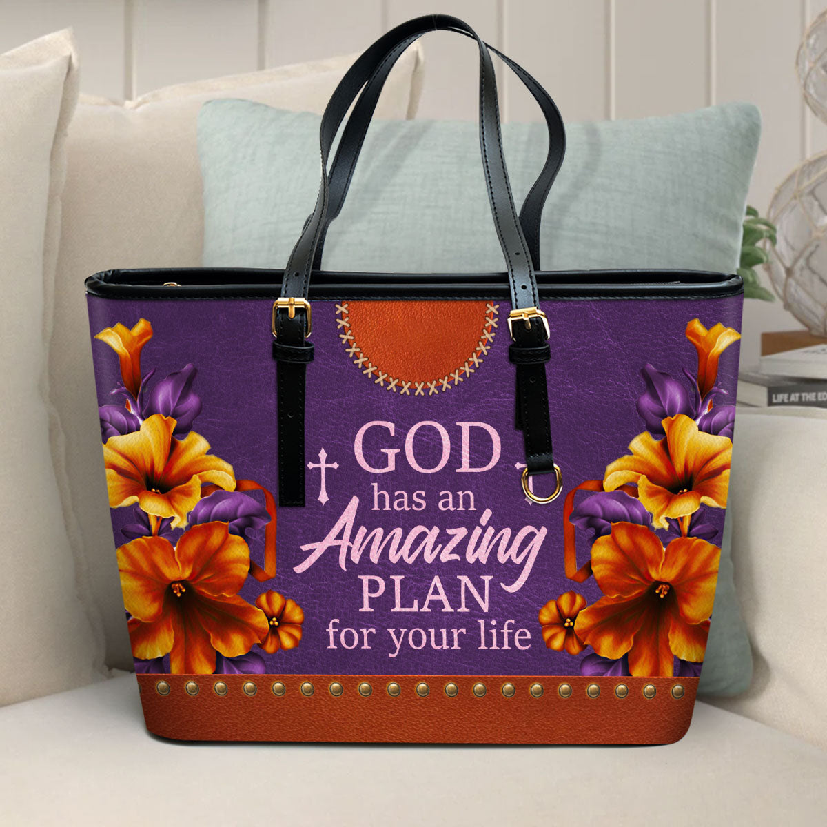 God Has An Amazing Plan For Your Life Large Leather Tote Bag Lily And Cross - Christ Gifts For Religious Women - Best Mother's Day Gifts