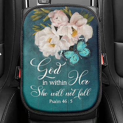 God In Within Her She Will Not Fall Beautiful Flower Butterfly Seat Box Cover, Bible Verse Car Center Console Cover, Christian Car Armrest Cover