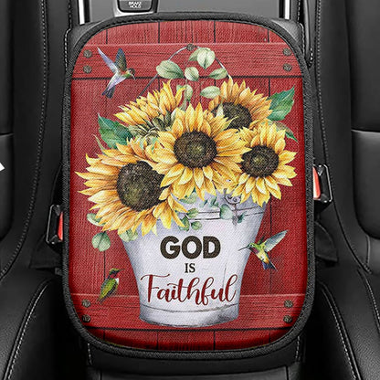 God Is Faithful Sunflower Hummingbird Seat Box Cover, Bible Verse Car Center Console Cover, Inspirational Car Interior Accessories