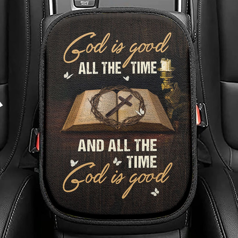 God Is Good All The Time Bible Crown Of Thorn Cross Seat Box Cover, Christian Car Center Console Cover, Bible Verse Car Interior Accessories