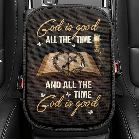 God Is Good All The Time Bible Crown Of Thorn Cross Seat Box Cover, Christian Car Center Console Cover, Bible Verse Car Interior Accessories
