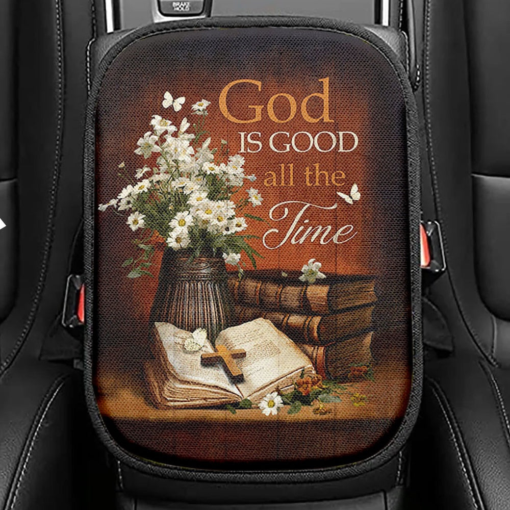 God Is Good All The Time Bible Daisy Vase Vintage White Butterfly Seat Box Cover, Christian Car Center Console Cover, Bible Car Interior Accessories