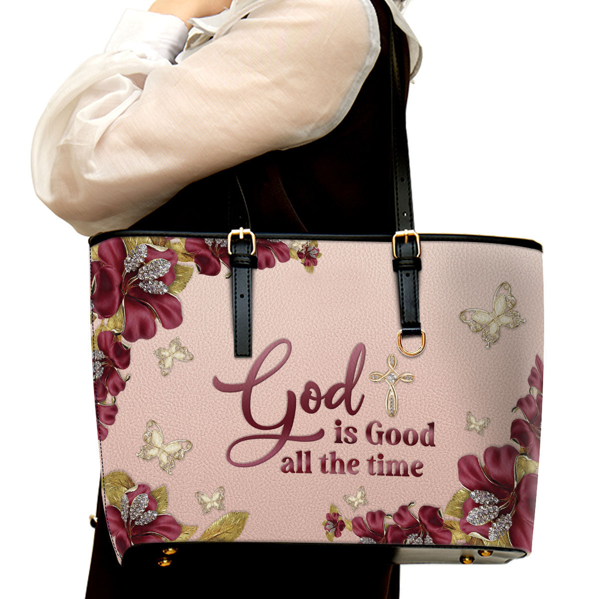 God Is Good All The Time Large Leather Tote Bag - Christ Gifts For Religious Women - Best Mother's Day Gifts