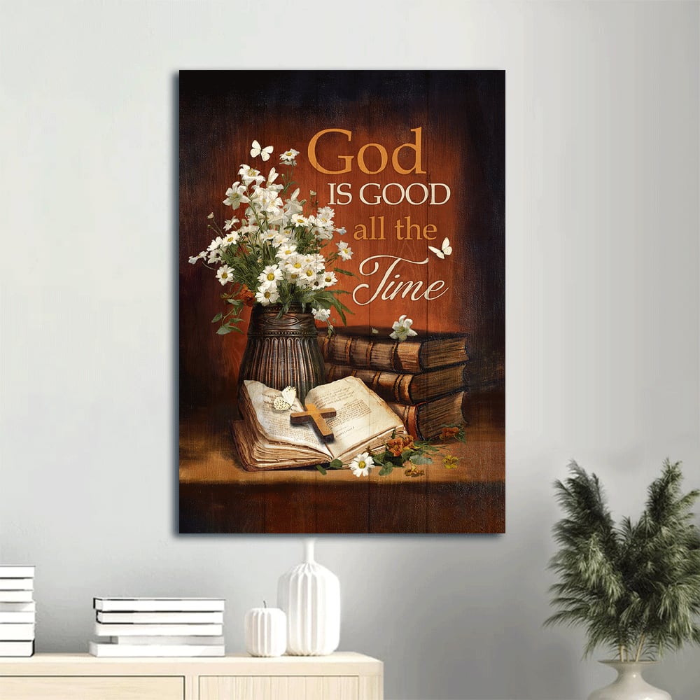 God Is Good All The Time Vintage Canvas Wall Art - Antique Bible & Daisy Vase - Christian Gifts