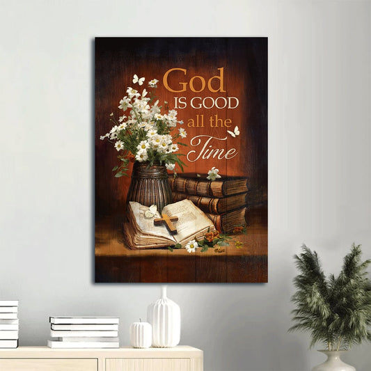 God Is Good All The Time Vintage Canvas Wall Art - Antique Bible & Daisy Vase - Christian Gifts