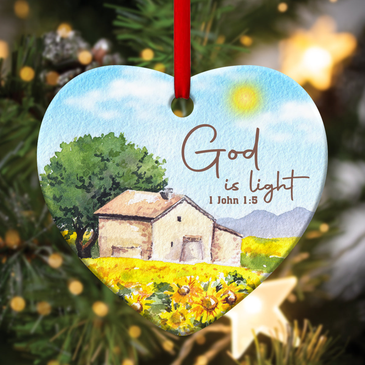 God Is Light - Beautiful Sunflower Field Ceramic Heart Ornament - Gift For Christmas