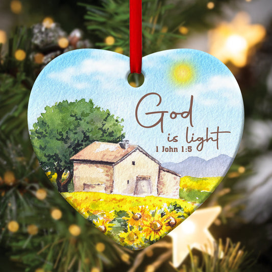 God Is Light - Beautiful Sunflower Field Ceramic Heart Ornament - Gift For Christmas