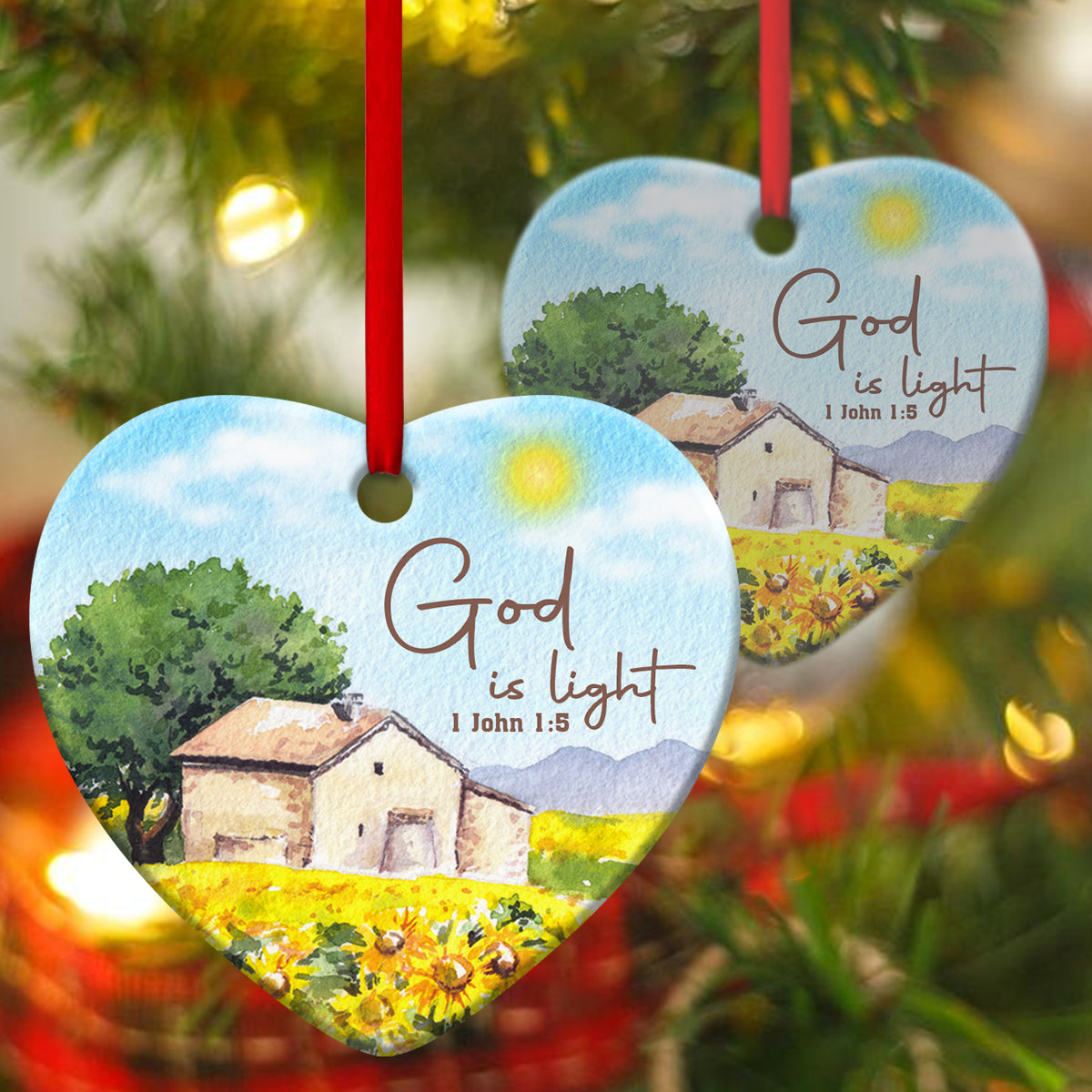 God Is Light - Beautiful Sunflower Field Ceramic Heart Ornament - Gift For Christmas