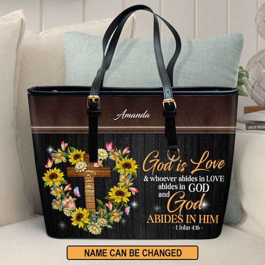 God Is Love Cross Sunflower Personalized Large Leather Tote Bag - Christian Gifts For Women