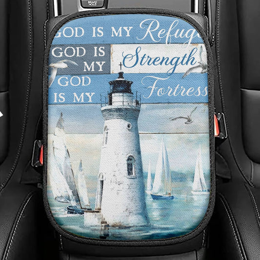 God Is My Refuge God Is My Strength God Is My Fortress Lighthouse Seat Box Cover, Christian Car Center Console Cover, Religious Car Armrest Cover
