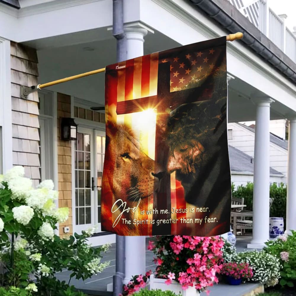 God Is With Me Jesus Is Near American House Flags - Christian Garden Flags - Outdoor Christian Flag